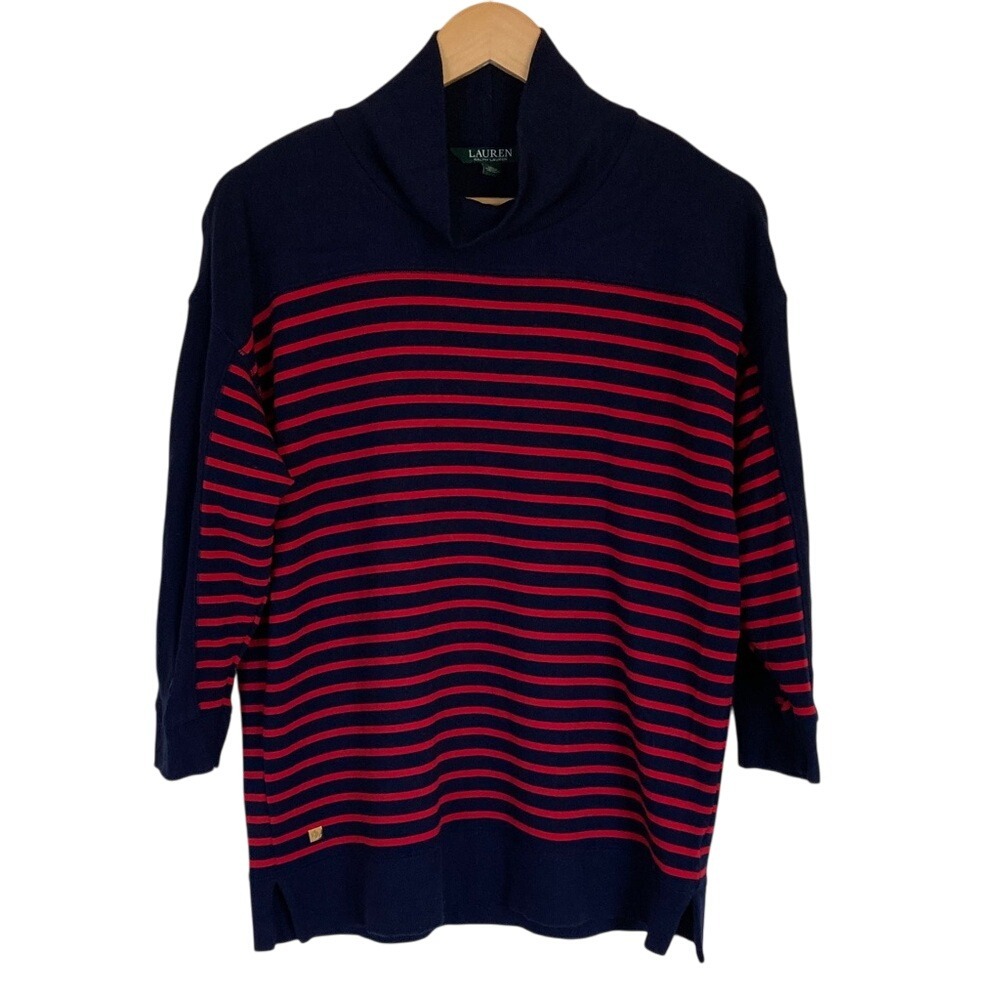 Lauren Ralph‎ Lauren Womens Navy Red Striped Top  Size L 3/4 Sleeve Nautical